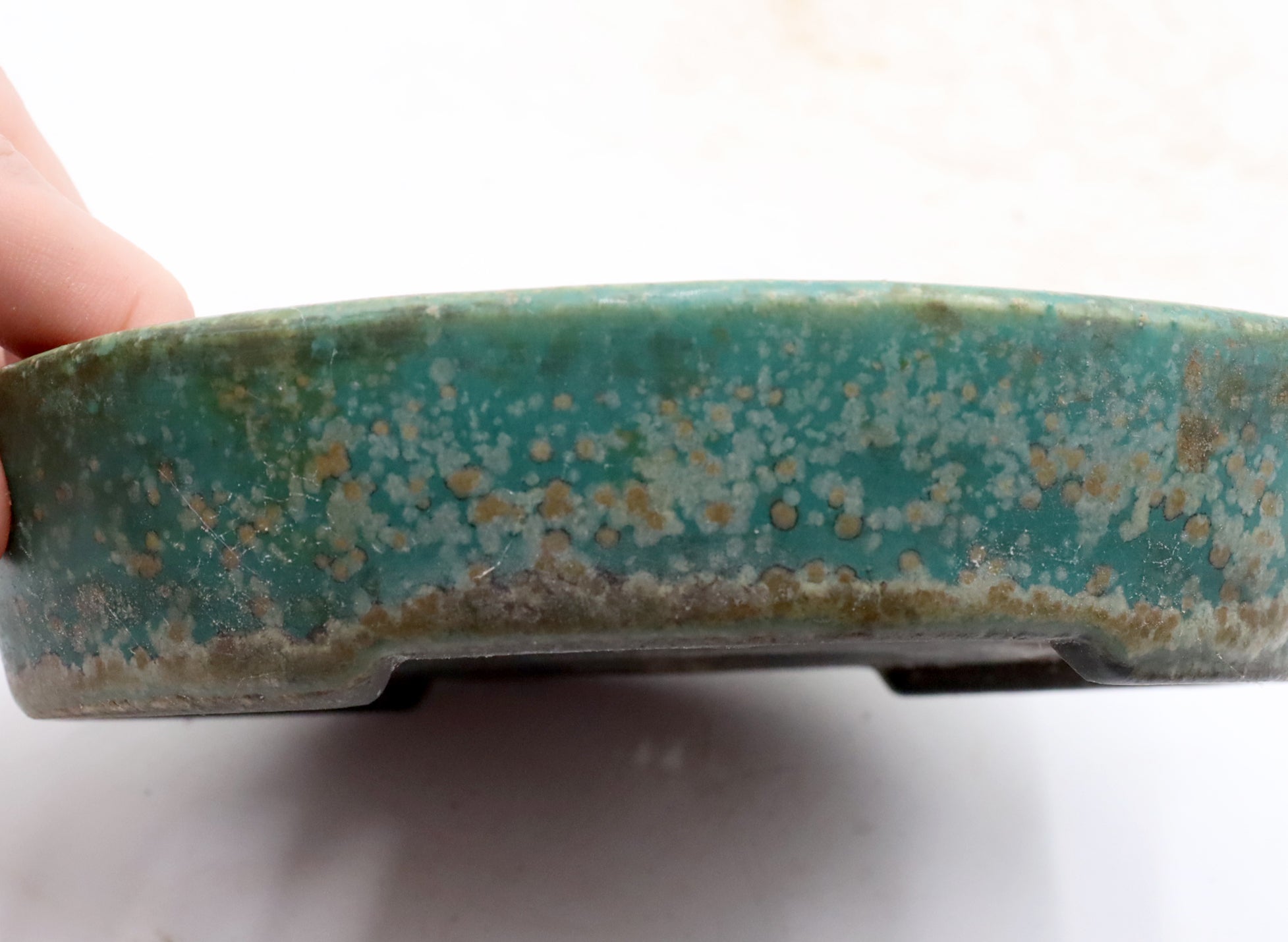Chopped Koyo Container with a Blue Green Glaze (Oribe Glaze)